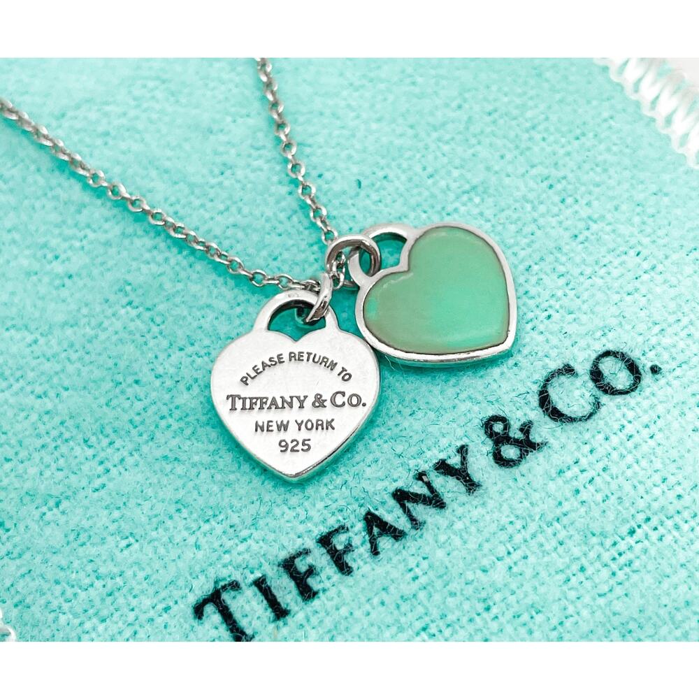 Tiffany & Co. Return to Tiffany Blue Enamel Double Mini Heart Necklace 16” - Picture 9 of 10